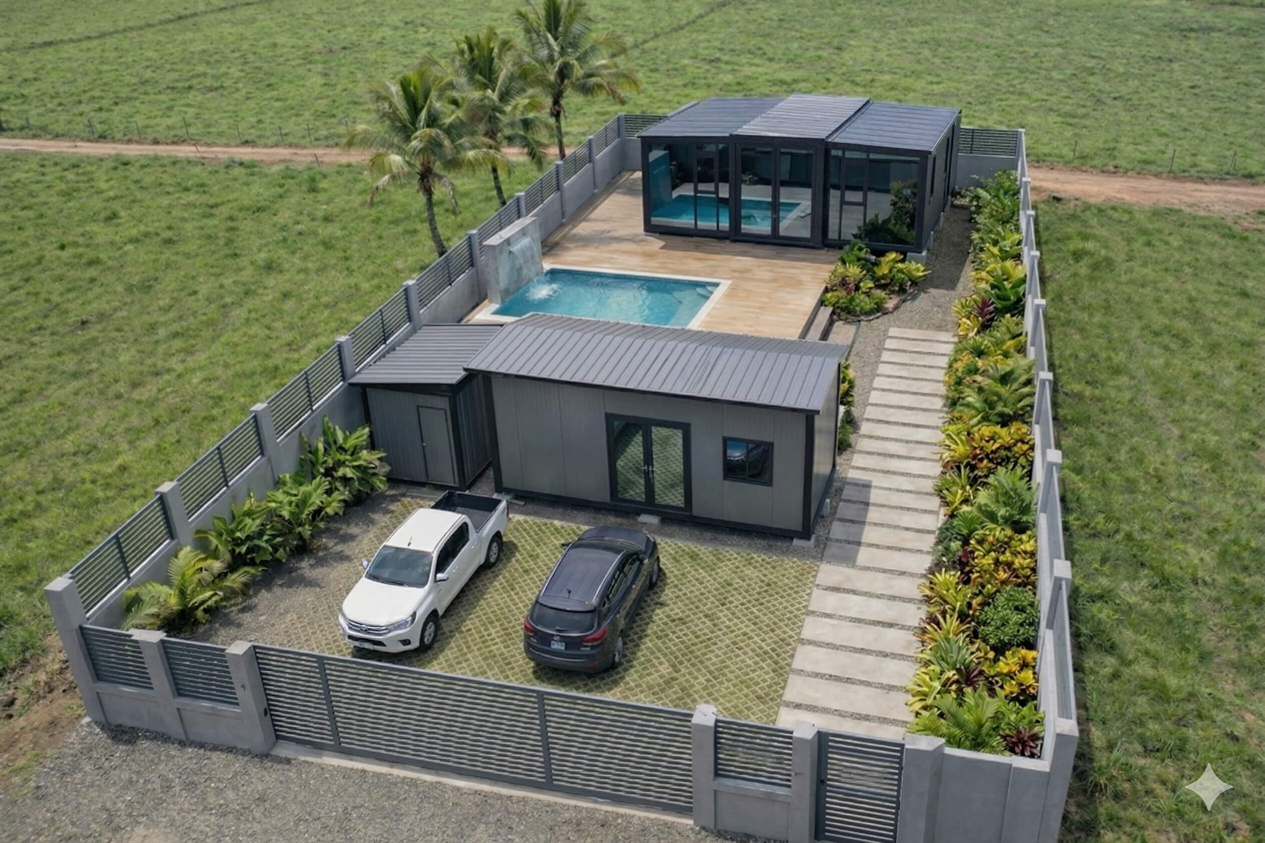 Vista aérea del complejo Daruma Jacó con piscina privada en Quebrada Bonita, Jacó, Costa Rica